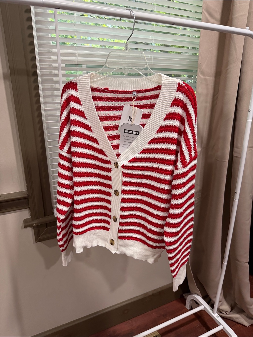 Amazon Red & White Striped V-Neck Button Cardigan